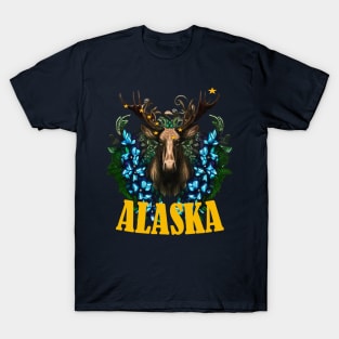 Eight Stars Of Alaska With Moose And Alpine Flowers T-Shirt